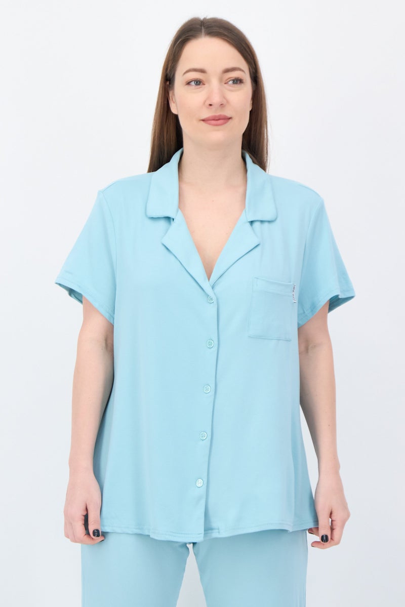 NINE WEST Women 2 Pieces Plain Top And Bottom Pajama Set, Pale Blue - Image 4